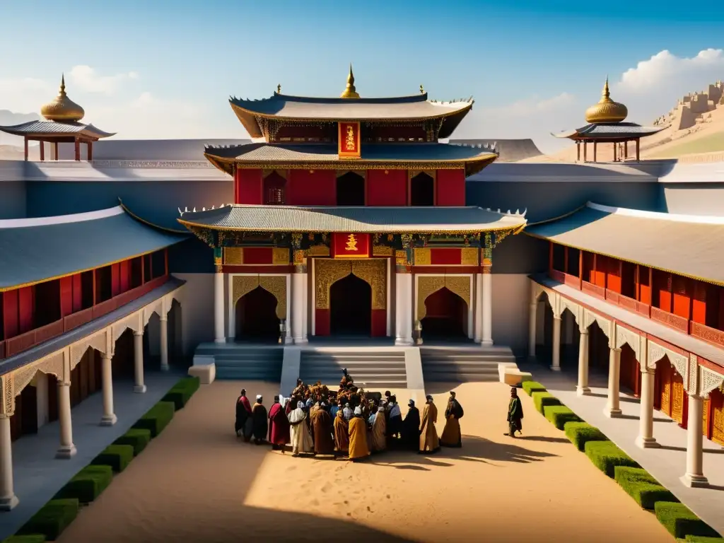 Centro administrativo de Tolui Khan: poder y actividad Imagen de la administración de Tolui Khan, legado dinastía mongol: actividad bulliciosa y arquitectura imponente evocando poder y autoridad