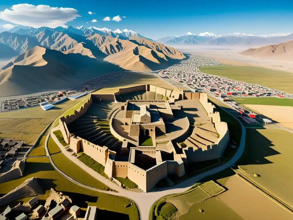 Imagen aérea de alta resolución de las antiguas ruinas de Karakorum, capital del Imperio Mongol, mostrando su distribución con restos de muros, cimientos y edificaciones