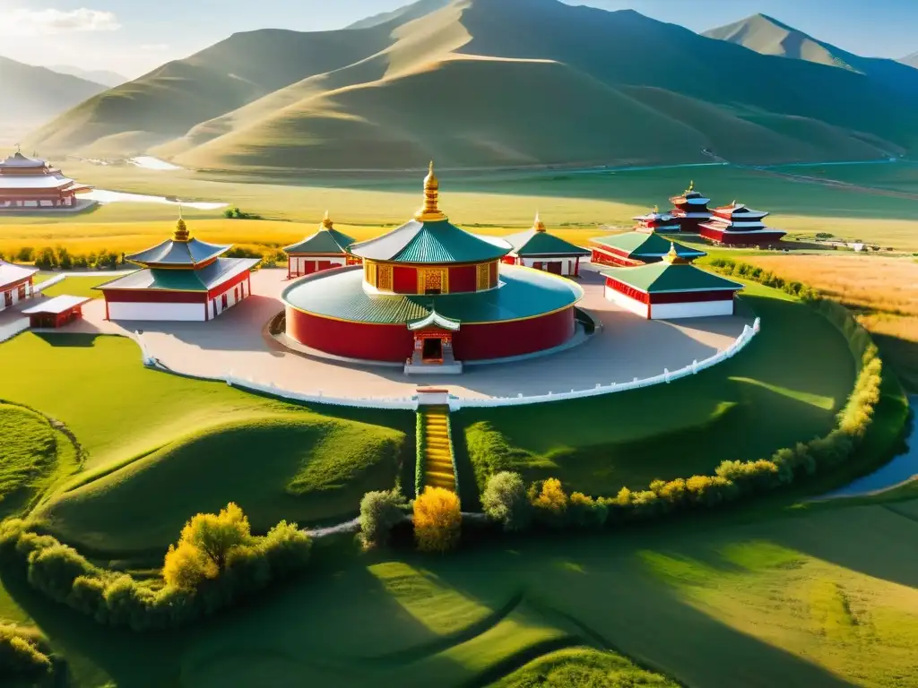 Imagen aérea del Centro budista Ongiin Khiid en el hermoso paisaje de Mongolia con monjes yurts, y serenidad espiritual