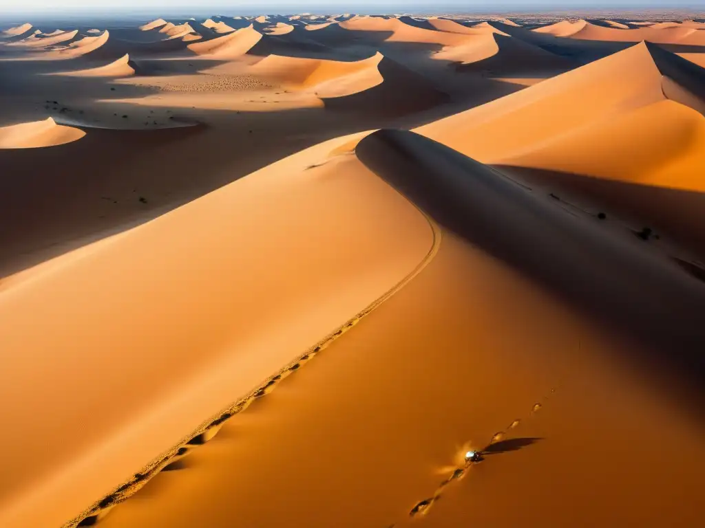 Imagen aérea del desierto del Sahara, con dunas doradas y una caravana de camellos, evocando la presencia mongol en África