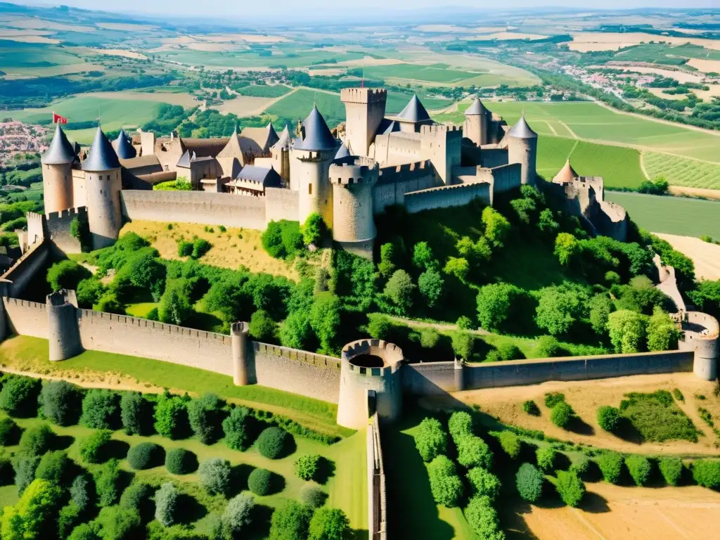 Imagen aérea de las impresionantes fortificaciones medievales de Carcasona, Francia, destacando su arquitectura defensiva y la amenaza mongola