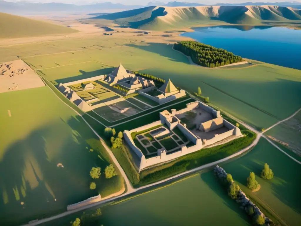 Imagen aérea de alta resolución del sitio arqueológico de Avarga, antigua capital del Imperio Mongol, muestra ruinas y paisaje histórico