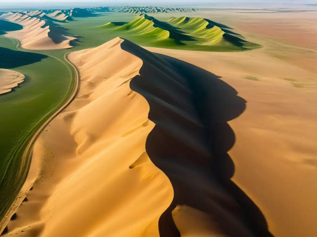 Imagen aérea del vasto y dramático desierto de Gobi, con sus dunas y vida resiliente