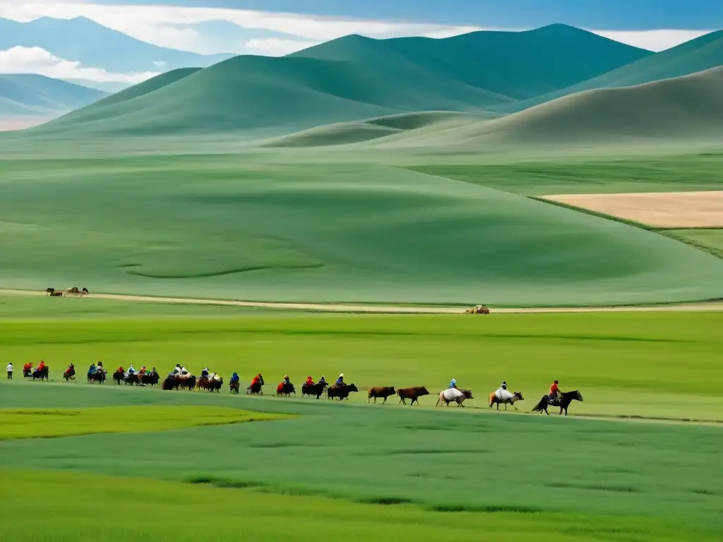 Imagen de agricultores mongoles trabajando en armonía con la vasta y expansiva tierra, destacando los avances en la agricultura del Imperio Mongol