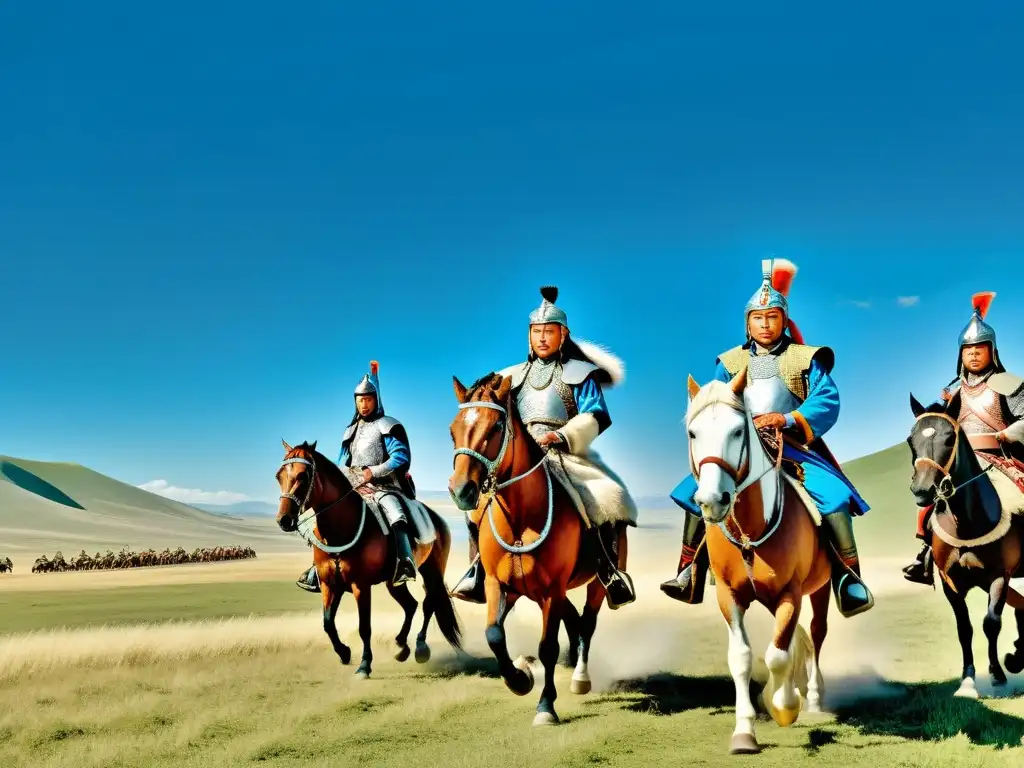 La imagen muestra la alianza de tribus mongolas unidas bajo una bandera, reflejando fuerza y unidad en la vasta estepa mongol