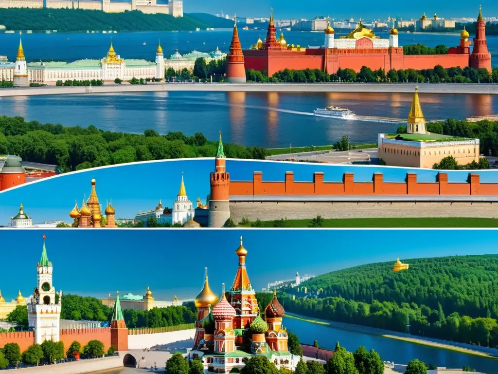 Imagen de alta resolución del Kremlin en Moscú, destacando sus detalles arquitectónicos, cúpulas doradas y torres imponentes, bajo un cielo azul