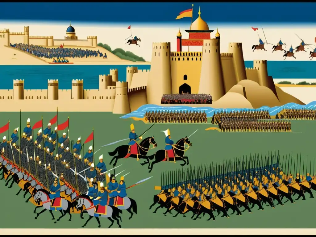 La imagen detalla el asedio de Bagdad en 1258 por el ejército mongol liderado por Hulagu Khan