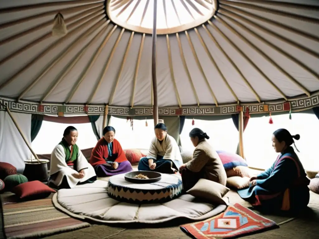 Imagen en blanco y negro de la vida cotidiana en una yurta mongola, con una cálida atmósfera comunitaria