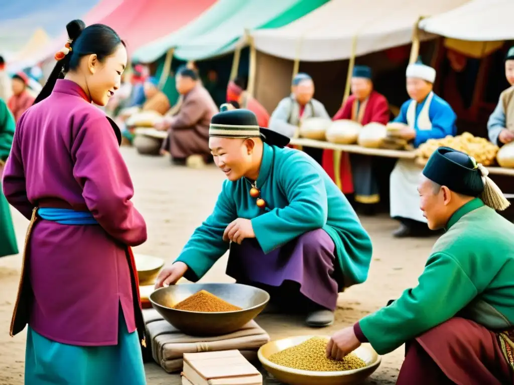 Imagen de la bulliciosa vida cotidiana en el Imperio Mongol, con grupos sociales realizando intercambios y actividades diarias en un mercado vibrante