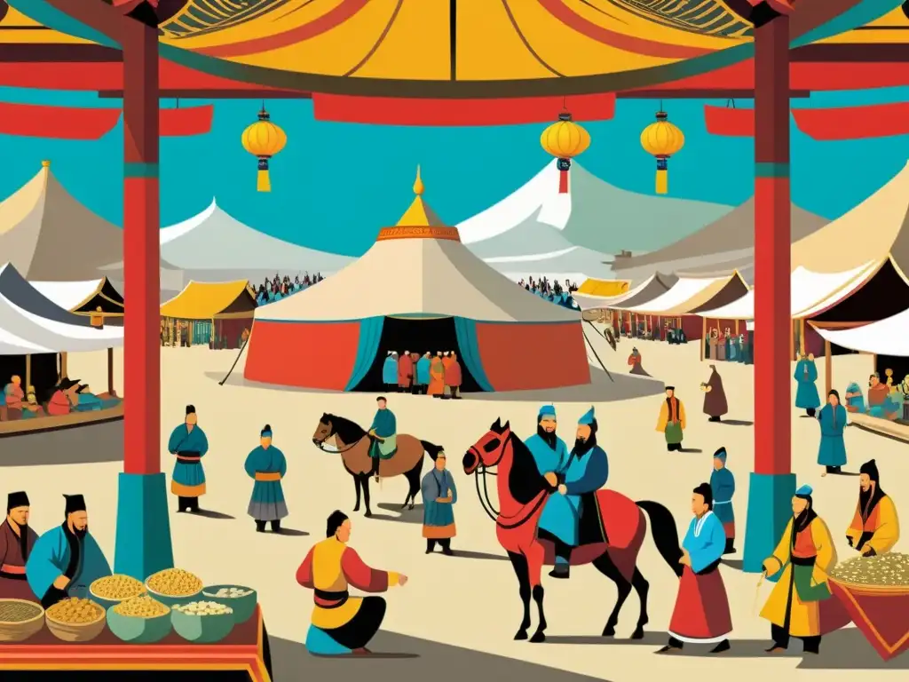 Imagen de un bullicioso mercado mongol con Genghis Khan observando desde su tienda