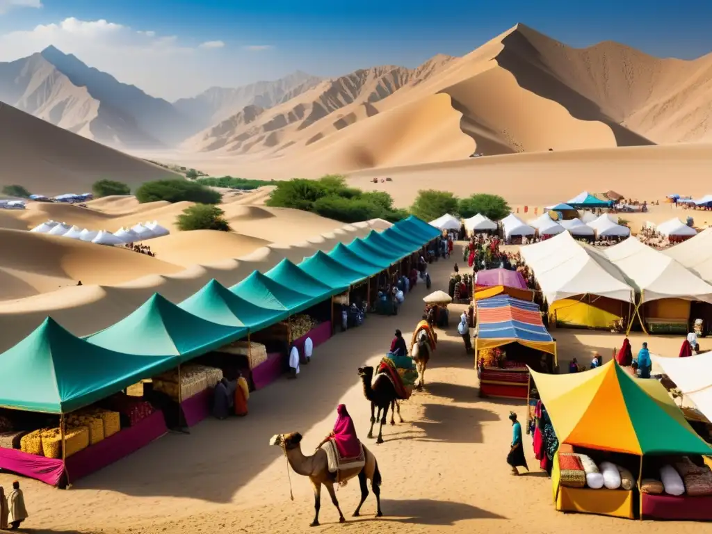 Imagen del bullicioso mercado de la Ruta de la Seda, lleno de intercambio cultural y energía, capturando la esencia del Imperio Mongol historia cultura legado