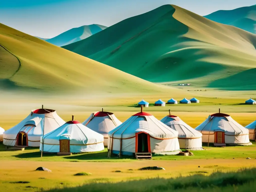 Una imagen de un campamento de yurtas tradicionales en las praderas de Mongolia, mostrando la adaptación cultural en el imperio mongol