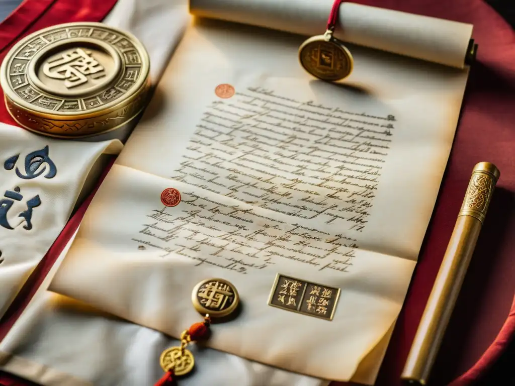 Imagen de carta diplomática del Imperio Mongol y regalos en exposición, con detalles intrincados y atmósfera de reverencia histórica