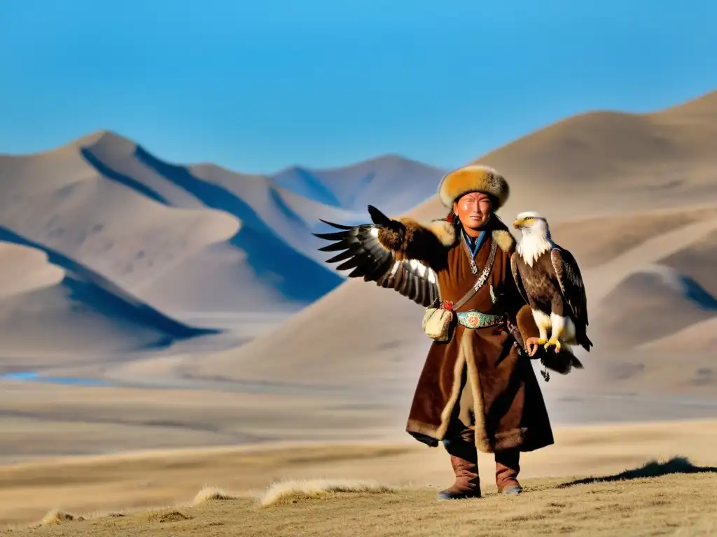 Imagen de la tradición de caza con águilas en Mongolia: un cazador con su majestuoso águila dorada en un vasto paisaje de colinas y cielo azul