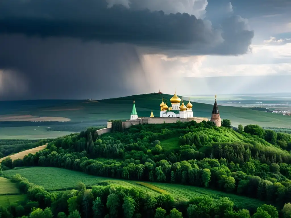 Imagen de la conquista de Rusia por Batu Khan: paisaje ruso con fortaleza en colina, jinete solitario y cielo tormentoso