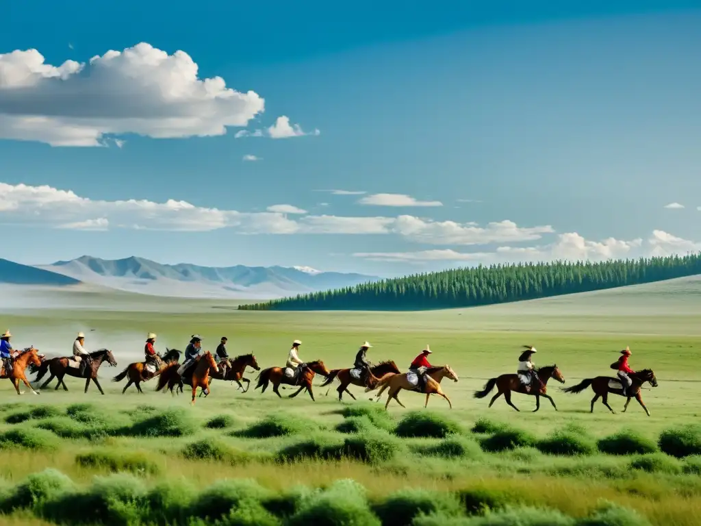 Imagen de las consecuencias ambientales de las campañas del Imperio Mongol en la estepa, con caballos salvajes y pastizales interminables