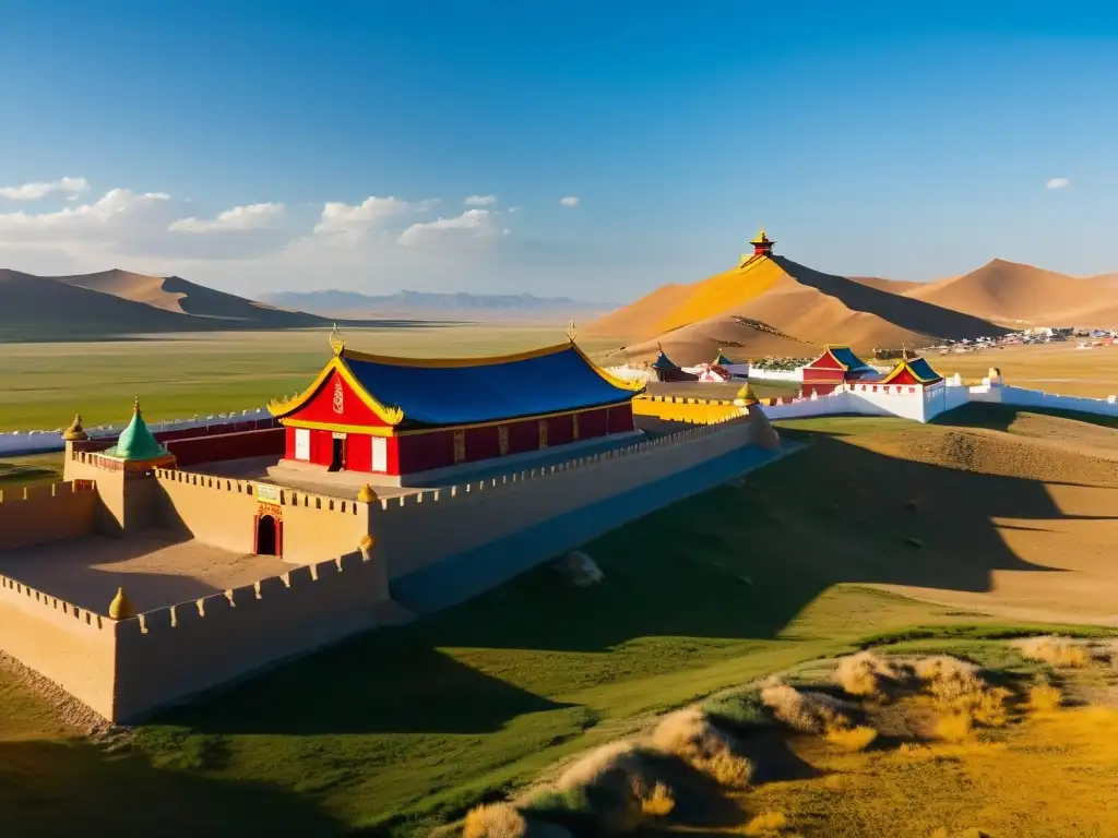 Imagen 8k detallada de la antigua Erdene Zuu Monastery en Kharkhorin, Mongolia, con banderas de oración vibrantes y paisaje mongol