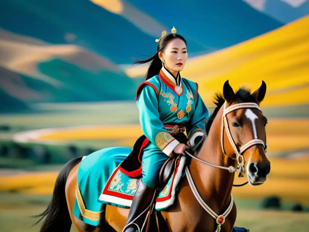 Imagen detallada de arte ecuestre vestimenta mongola, con jinete y caballo adornados en paisaje mongol majestuoso