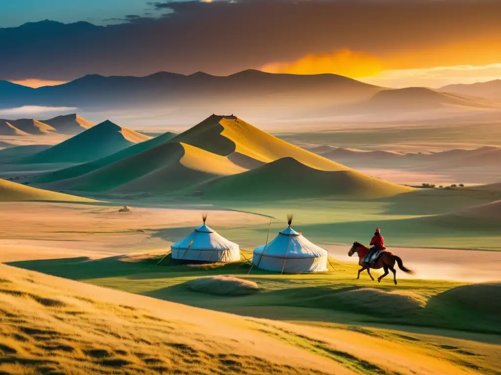 Imagen detallada de la estepa mongol al atardecer, con guerrero a caballo yurtas