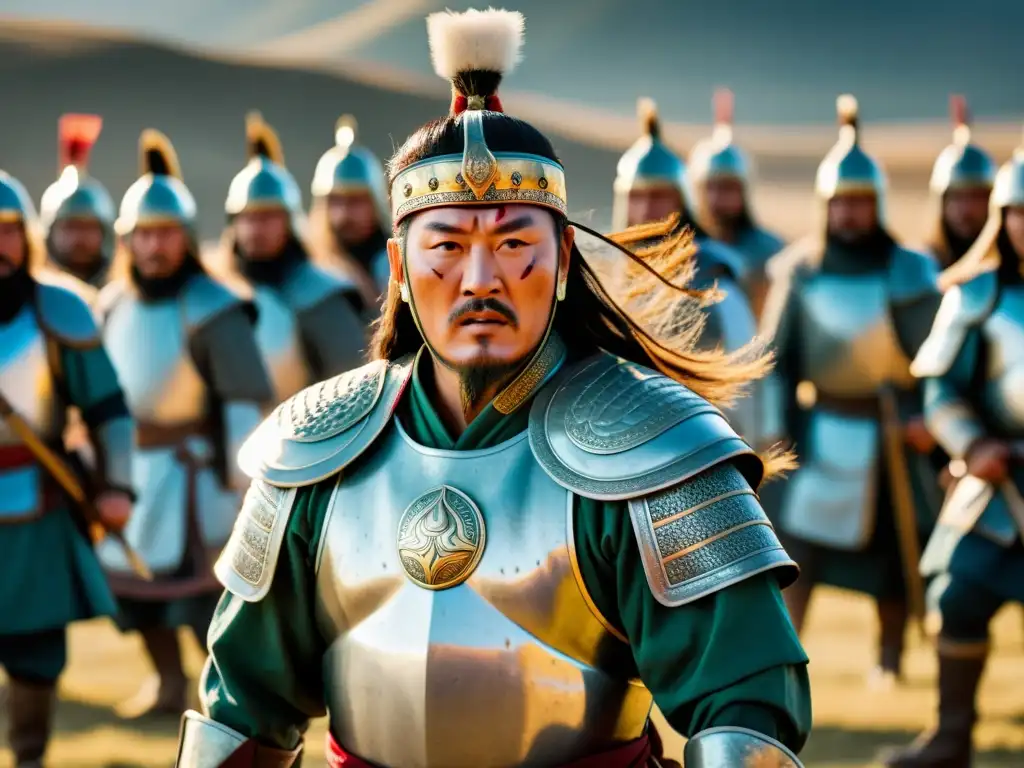 Imagen 8k detallada de Genghis Khan en batalla, rodeado de guerreros con temor y respeto, exudando un legado destructor unificador en su mirada