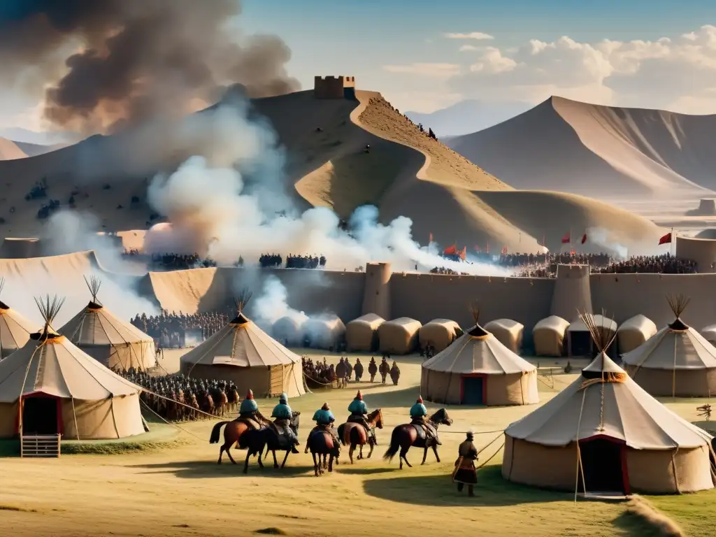 Imagen detallada en 8k de un campamento de asedio mongol, con yurtas, caballos de guerra y soldados preparándose para la batalla