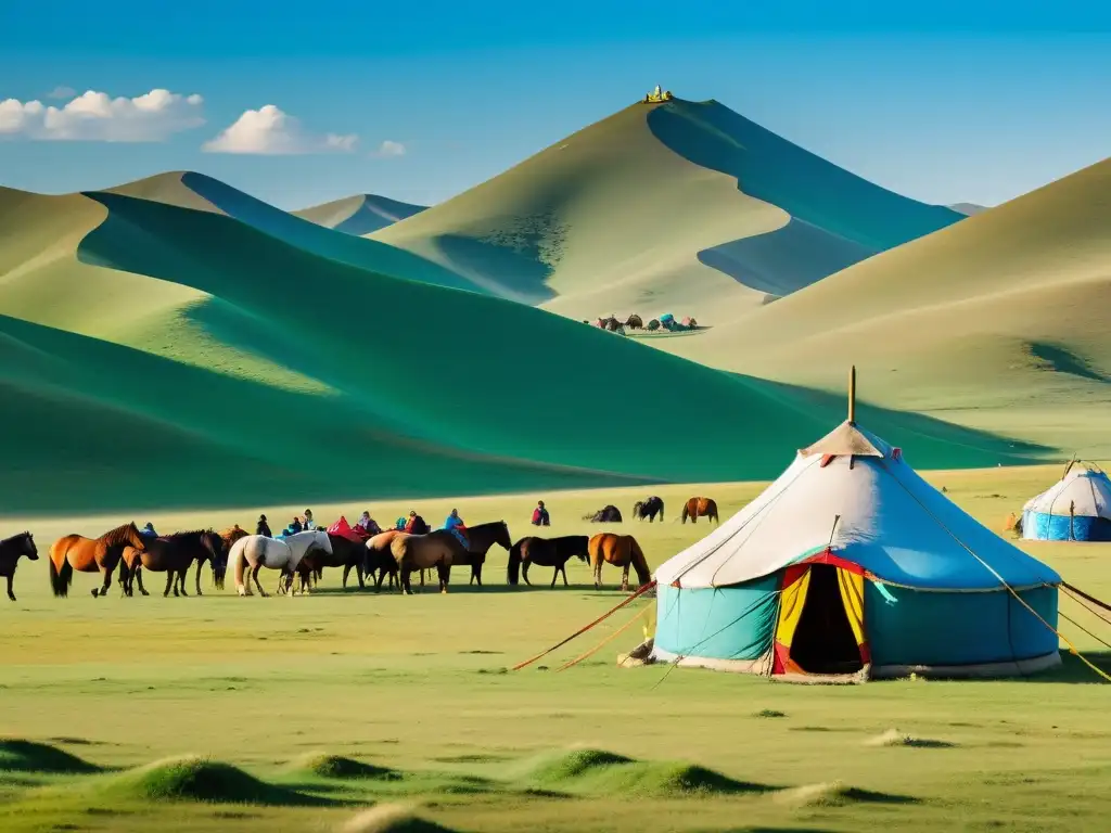 Imagen detallada de un campamento tradicional mongol rodeado de vastas praderas, caballos pastando, banderas de oración y nómadas locales