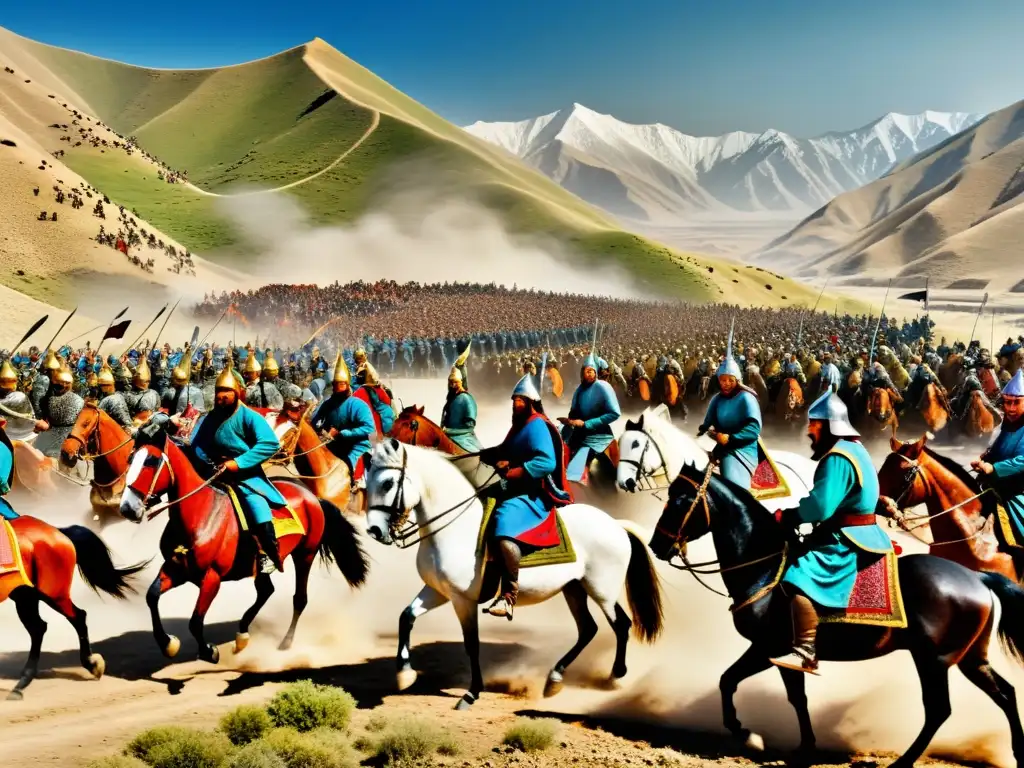 Hulagu Khan lidera feroces guerreros mongoles en batalla en Persia Imagen detallada de Hulagu Khan liderando su ejército de guerreros mongoles en la agreste Persia, durante las invasiones mongoles en India