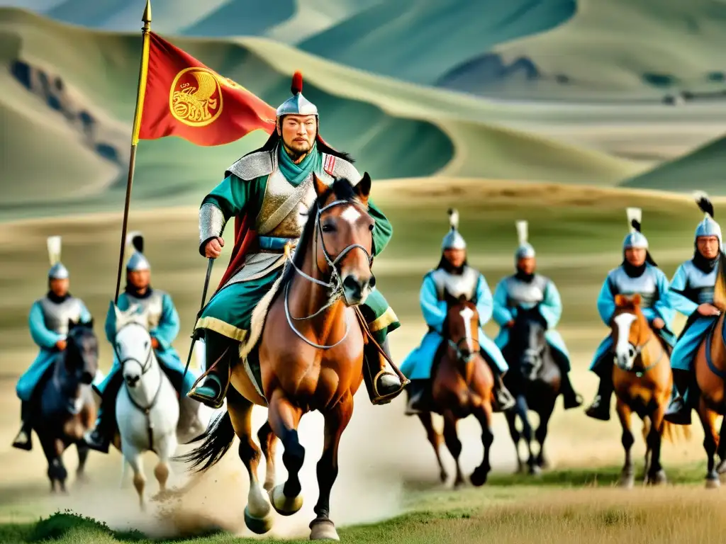 Imagen detallada de Genghis Khan liderando su ejército a través de las estepas mongolas