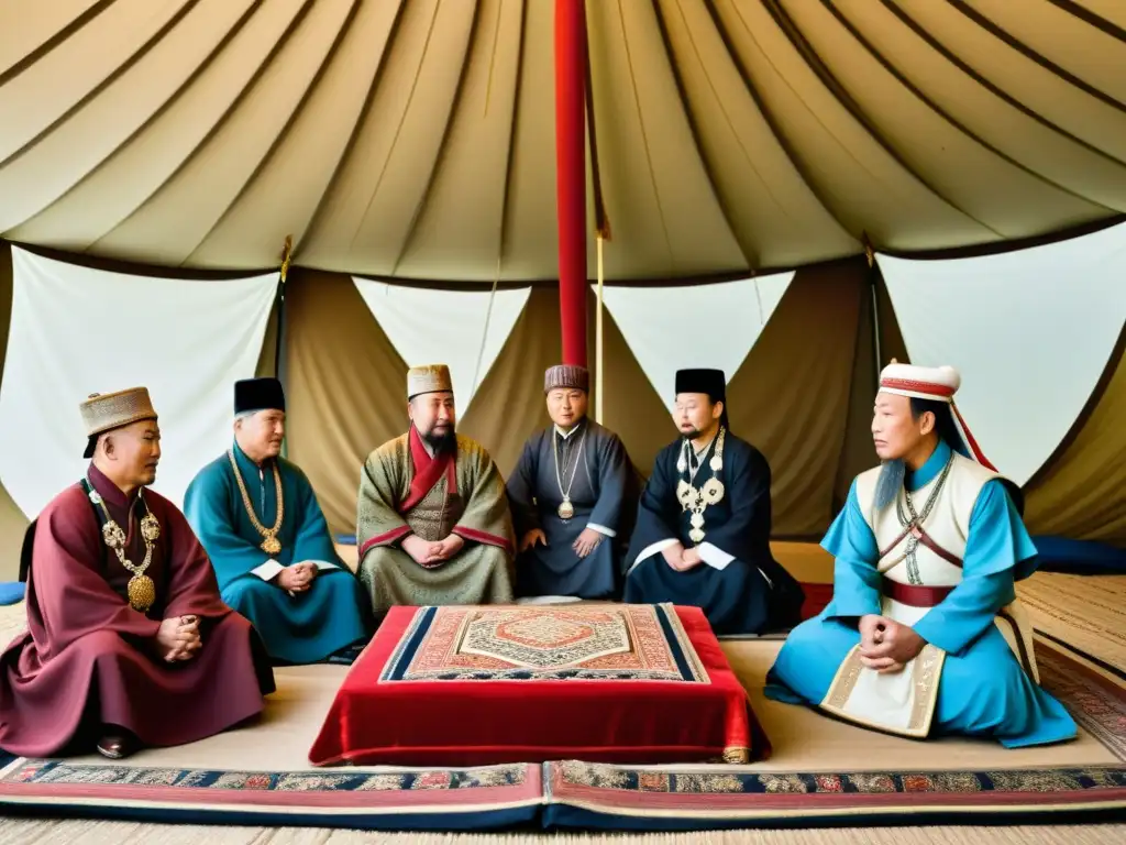 Una imagen detallada de envoys del Imperio Mongol en conflictos diplomáticos, con expresiones tensas y un ambiente culturalmente rico