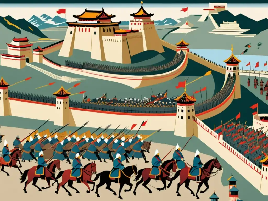 La imagen muestra una detallada escena de un ejército mongol asediando una ciudad fortificada con tácticas de asedio avanzadas