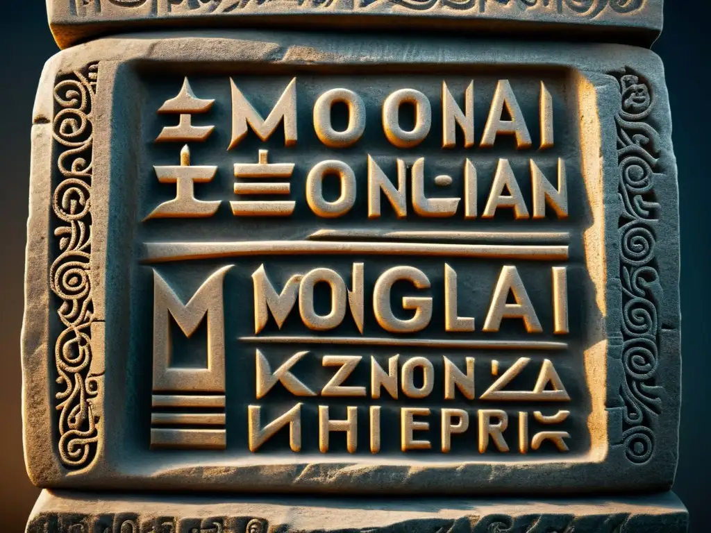 Imagen detallada de escritura antigua del Imperio Mongol en piedra, con herramientas y pergaminos, evocando los idiomas extintos del Imperio Mongol