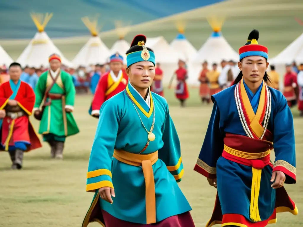 Imagen detallada del Festival Naadam en Mongolia, fusionando tradición y modernidad con vibrantes colores y vestimenta tradicional