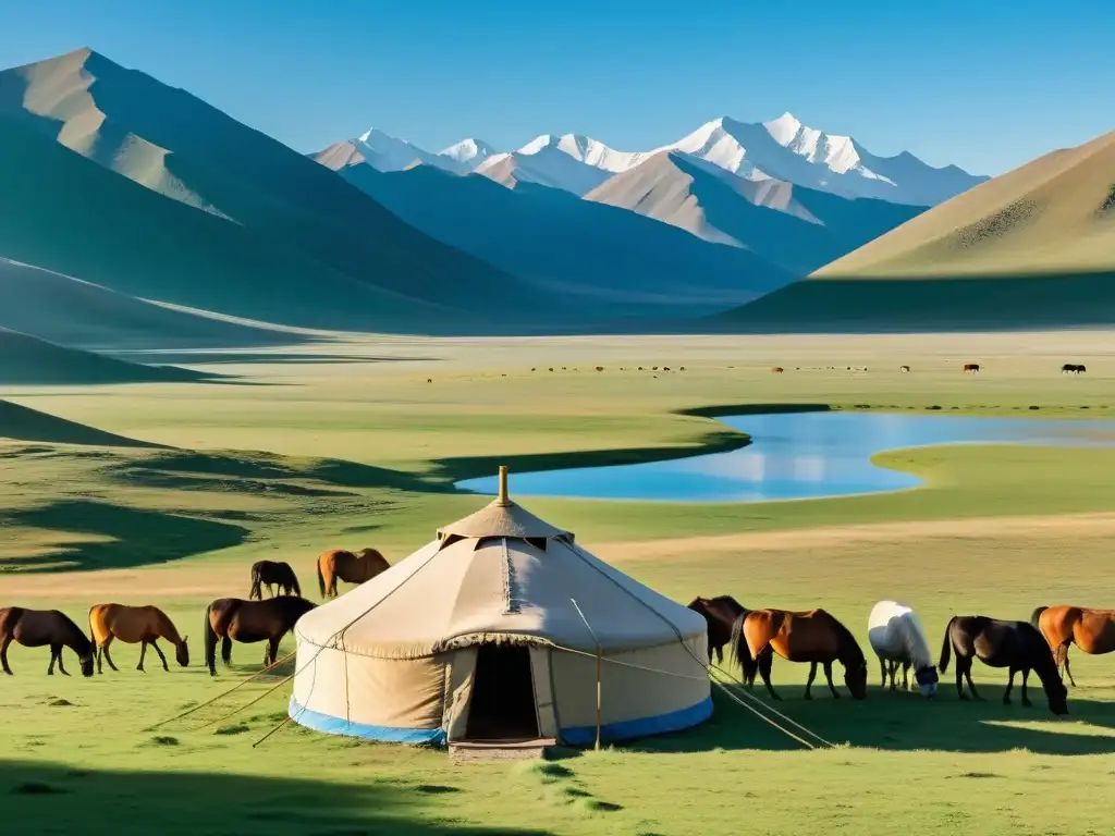 Imagen detallada de la expansión Mongol con Altai Mountains de fondo, yurt solitario, caballos y cielo azul