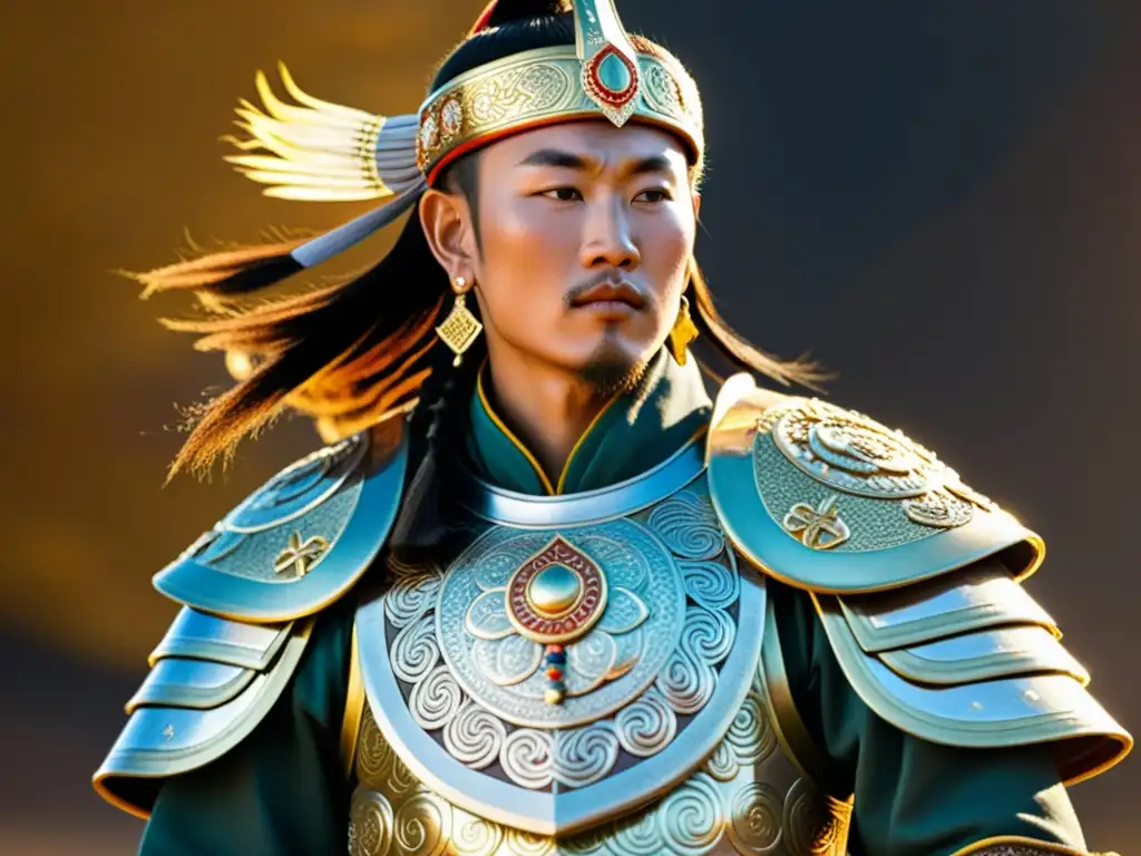 Guerrero mongol: Influencia cultural y opulencia Imagen detallada de un guerrero mongol con adornos e indumentaria elaborados que muestran la importancia de la indumentaria mongola en otras culturas
