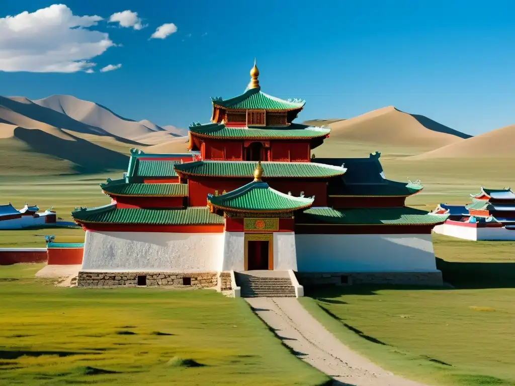 Imagen detallada de la icónica Erdene Zuu Monastery en Mongolia, mostrando influencias artísticas en conquistas mongolas