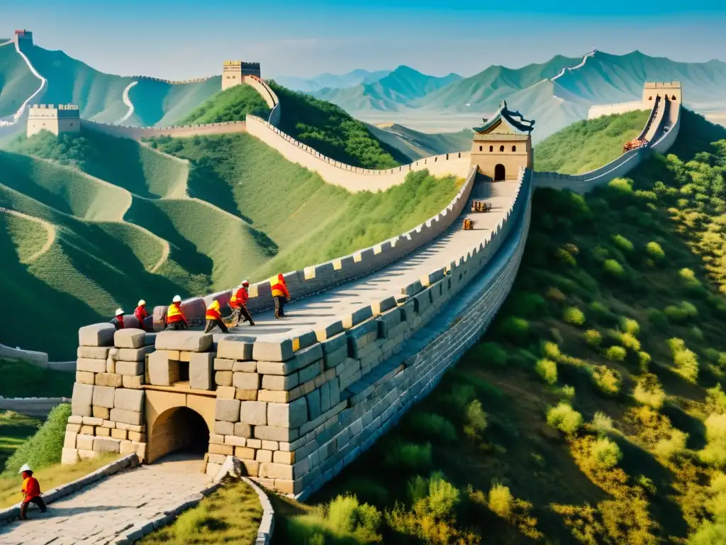 Imagen detallada de ingenieros mongoles construyendo la Gran Muralla China, destacando las tecnologías innovadoras del Imperio Mongol