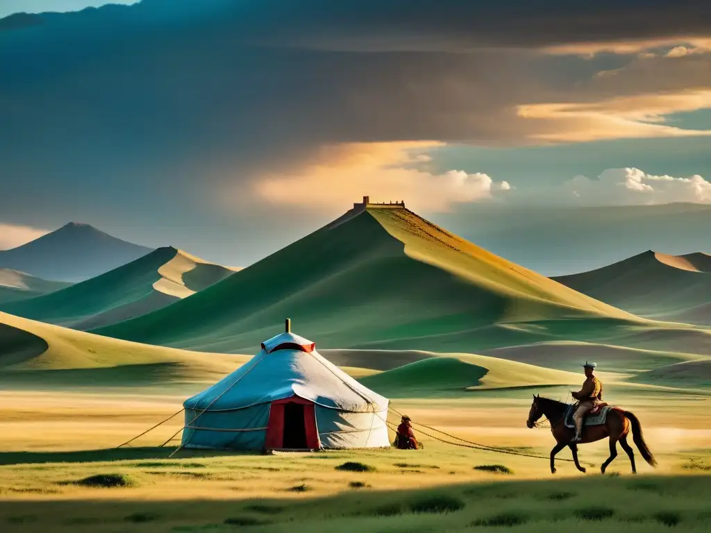 Imagen detallada de la estepa mongol con yurtas, jinetes a caballo y colinas, evocando la época de Genghis Khan en el cine