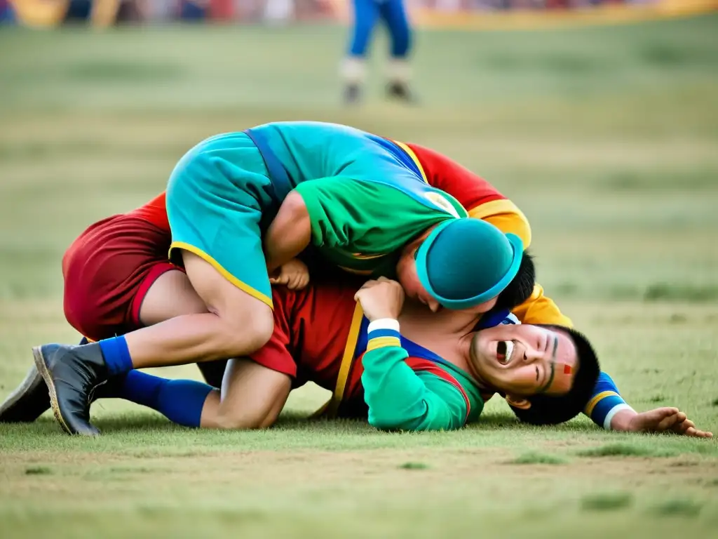 Imagen detallada de lucha tradicional mongola en el Festival Naadam, con competidores y espectadores vestidos con colores vibrantes en la estepa