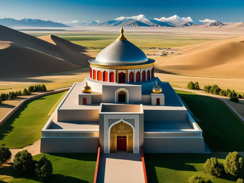 Imagen detallada del Mausoleo de Genghis Khan en Mongolia Interior, mostrando su arquitectura y paisaje impresionantes