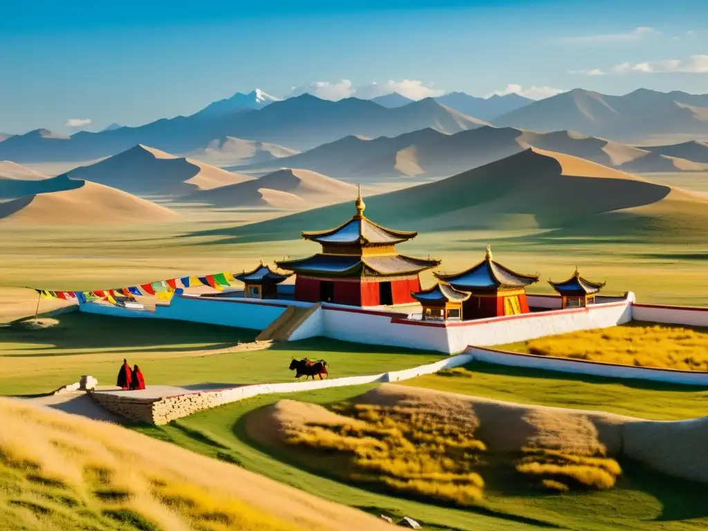 Imagen detallada del Monasterio Erdene Zuu en Mongolia, con monjes y banderas de oración en un paisaje majestuoso del Imperio Mongol