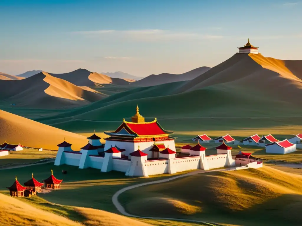 Imagen 8k detallada del Monasterio de Erdene Zuu en Mongolia al amanecer, con una atmósfera serena y espiritual