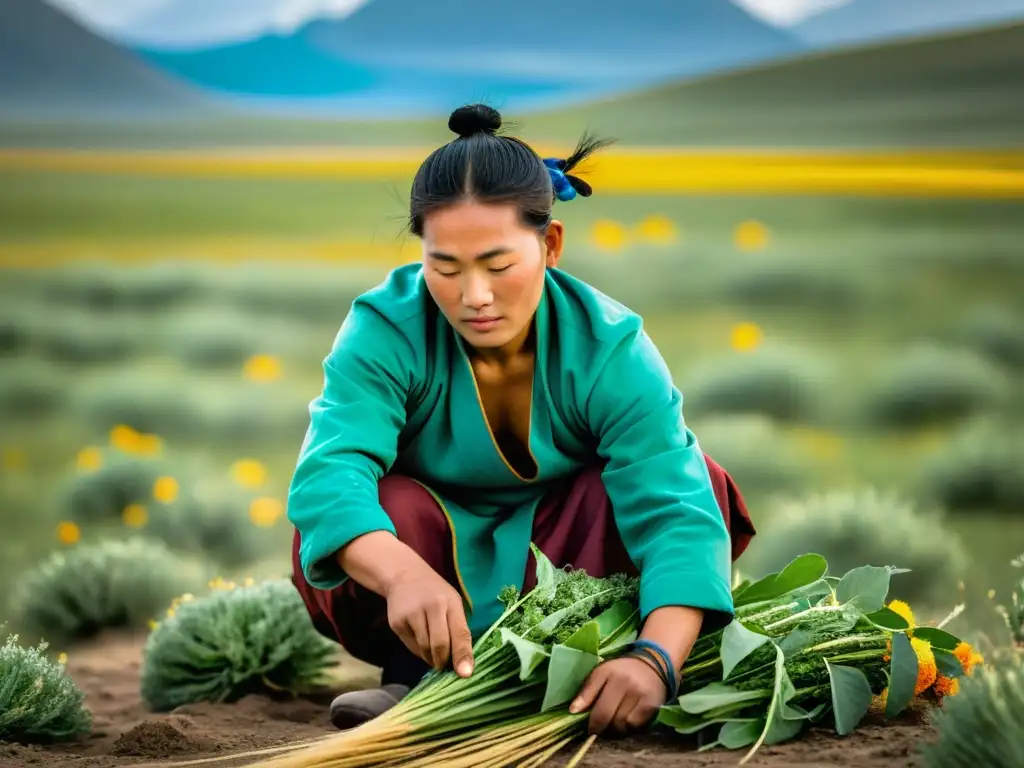 Imagen detallada de un nómada mongol recolectando plantas medicinales en la estepa