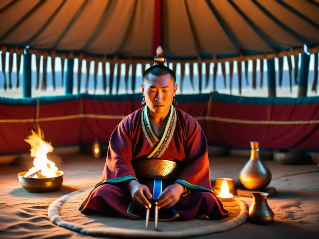 Imagen detallada de un chamán mongol realizando un ritual en una yurta, mostrando las prácticas espirituales de la vida cotidiana mongola