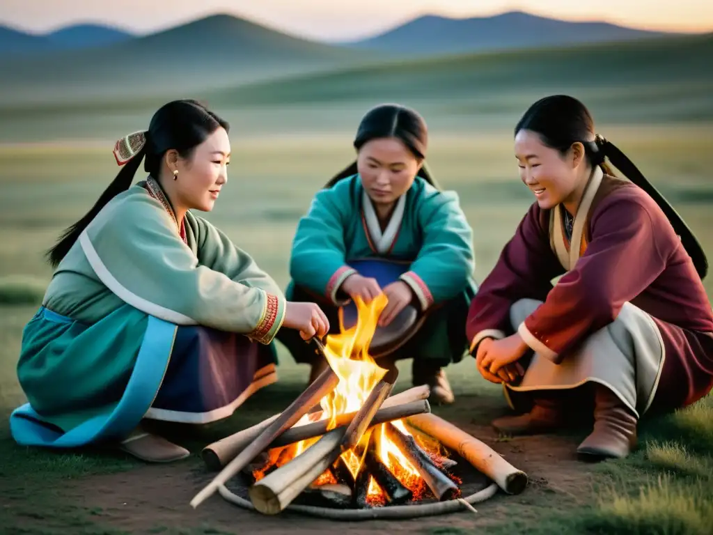 Imagen detallada de mujeres en el Imperio Mongol, reunidas alrededor de un campamento en la estepa, destacando su esencial contribución a la historia