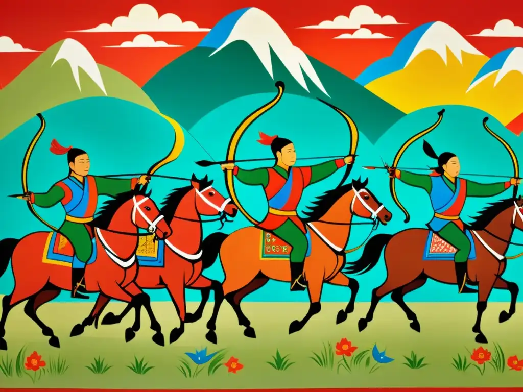 Imagen detallada de un mural mongol con arquería a caballo, colores vibrantes y patrones intrincados