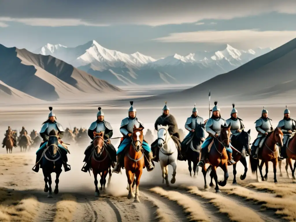 Imagen detallada de paisaje desolado con guerreros Mongol a caballo, reflejando la dureza de las Expediciones militares Khanes Mongol consecuencias