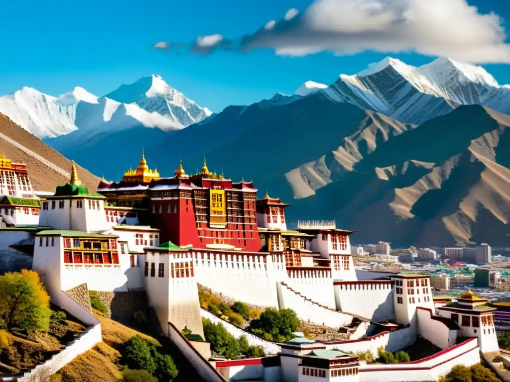 Imagen detallada del Palacio de Potala en el Tíbet, con los majestuosos Himalayas nevados al fondo