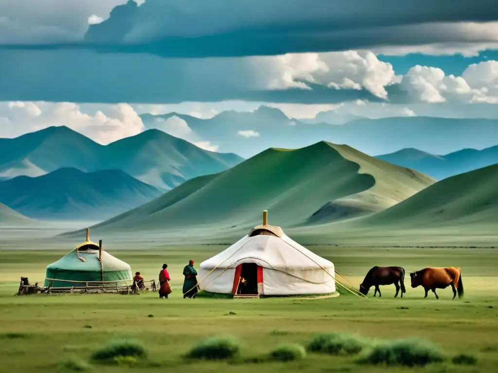 Imagen detallada de la estepa mongola con yurta y pastores, evocando la esencia de Genghis Khan en el Cine