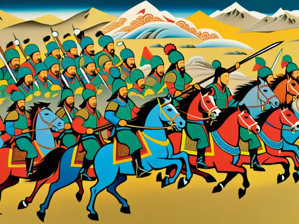 Imagen detallada de una pintura mongola que muestra a Genghis Khan liderando su ejército en batalla, capturando el legado cultural del Imperio Mongol