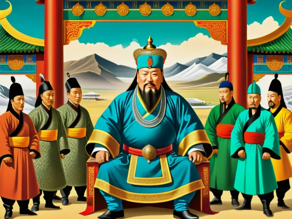 Imagen detallada de una pintura tradicional mongola que muestra a Kublai Khan y su corte, destacando el legado de los khaans mongolas en colores vibrantes y detalles intrincados